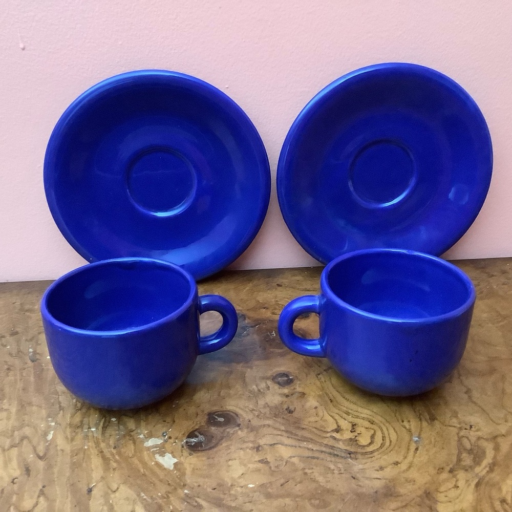 Set Of 2 Coffee Cups And Saucers Made in Italy Ceramic Cobalt Blue 8oz.  Vintage